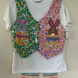 Vintage Colorful Bunny Vest Shirt and Striped Leggings Set